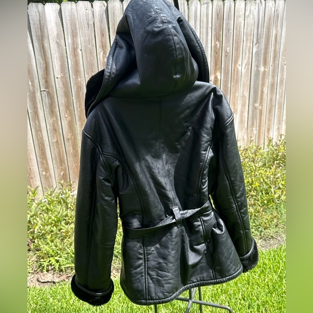 Y2K Wilsons Leather Faux Fur Lined Hooded Belted Coat Hollywood Glam Mob Wife - Picture 8 of 15